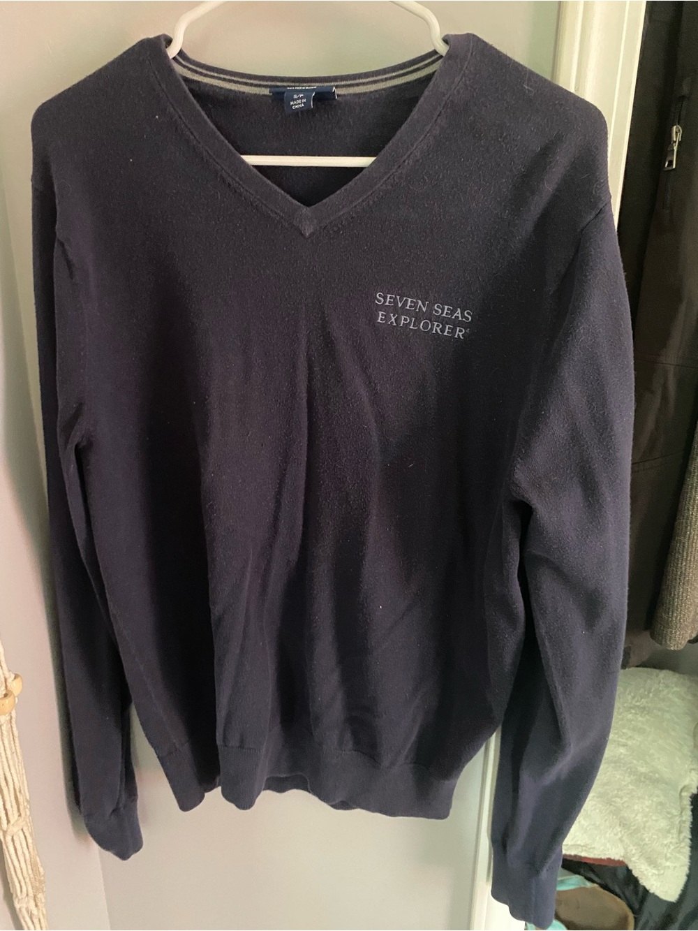 Cutter & Buck Navy V-Neck Sweater with 'Seven Seas Explorer' Embroidery